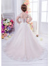 Ivory Lace Mauve Tulle Floor Length Flower Girl Dress